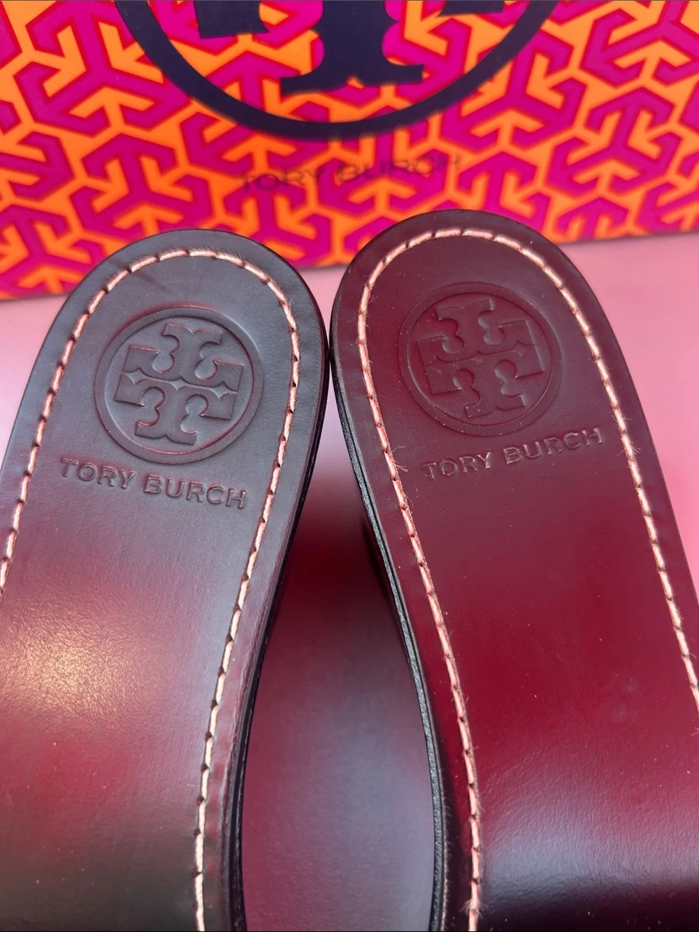 Tory Burch Black Patent Slide Sandals with Red Logo